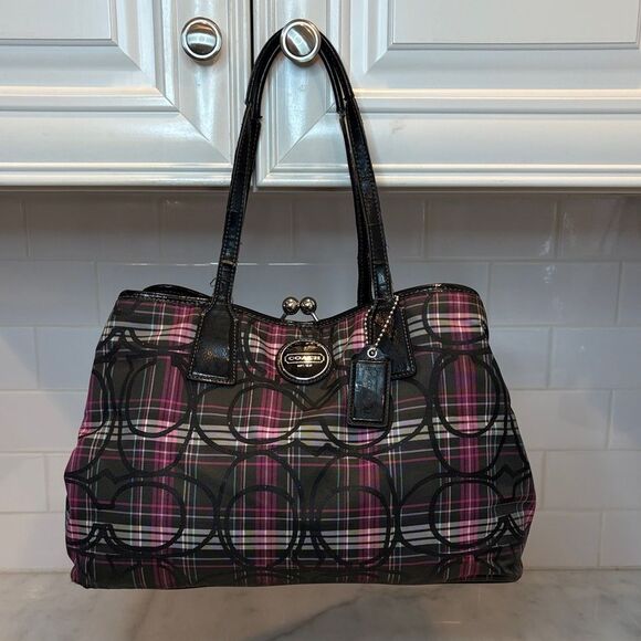 Coach Bag Purse Handbag Signature Tartan Plaid Kisslock Satchel Shoulder - Picture 1 of 16